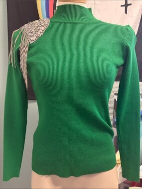 Everly Emerald Green Ribbed Mock Neck Sweater with Crystal Fringe Shoulder